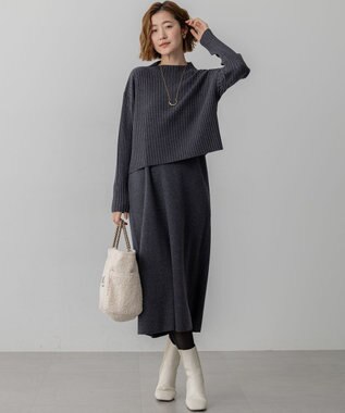 23区 L 【洗える】レイヤードニットツイン ワンピース チャコールグレー系