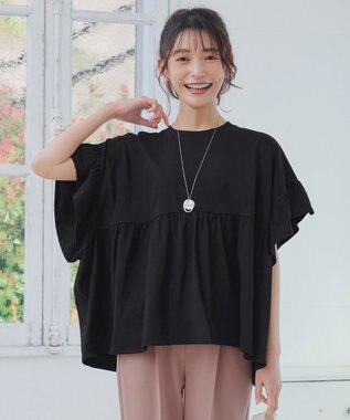 Tiaclasse 【洗える】ギャザー切り替えフレアプルオーバー ブラック