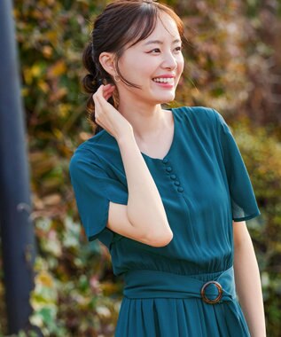 Tiaclasse 【洗える】花びらスリーブベルト付きワンピース ターコイズ