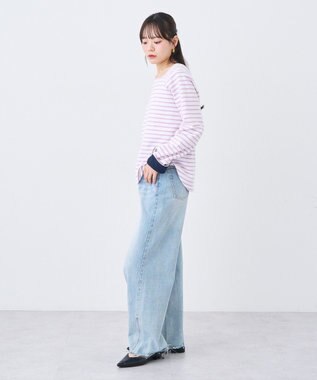 earth music&ecology バイカラースクエアネックボーダープルオーバー Lilac