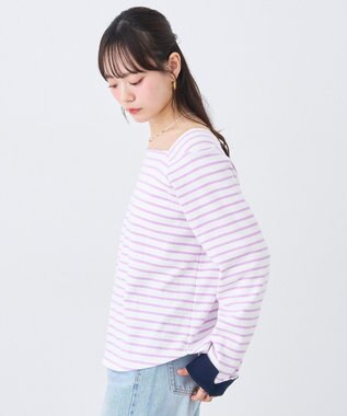 earth music&ecology バイカラースクエアネックボーダープルオーバー Lilac