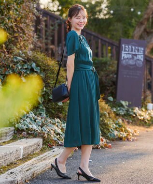 Tiaclasse 【洗える】花びらスリーブベルト付きワンピース ターコイズ