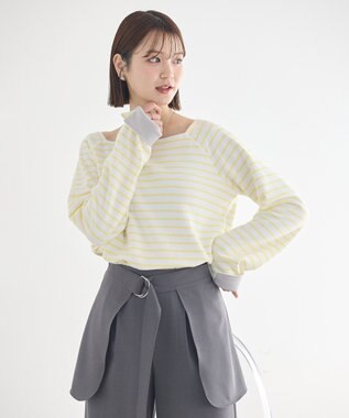 earth music&ecology バイカラースクエアネックボーダープルオーバー Yellow