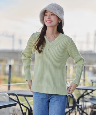 Tiaclasse 【洗える】Vネックリブ編みニット