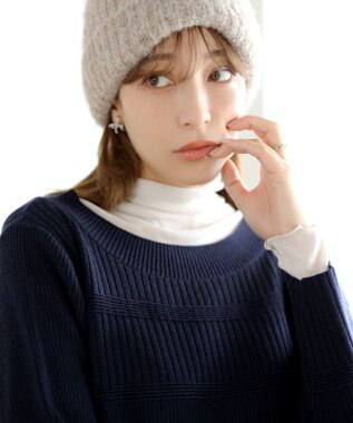 Tiaclasse L 【洗える】リブ切替デザインニットワンピース ネイビー