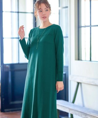 Tiaclasse L 【洗える】リブ切替デザインニットワンピース グリーン