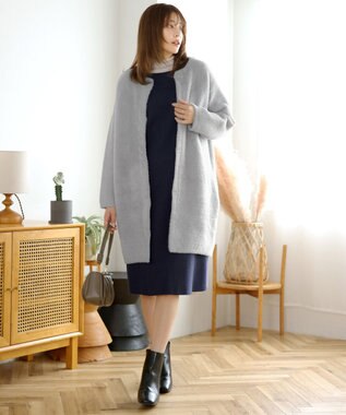 Tiaclasse L 【洗える】リブ切替デザインニットワンピース ネイビー