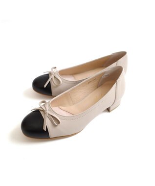 Pointer 日本製 本革リボン付きラウンドトゥパンプス トープ×ブラック