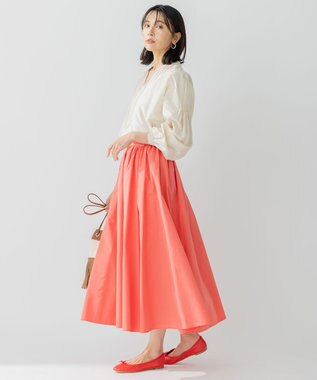 23区 L 【洗える】ハイカウントライトタフタ ギャザースカート [WEB限定]コーラル系
