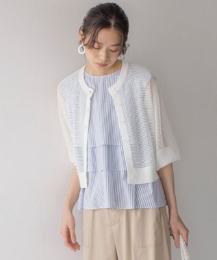 組曲 L 【WEB限定】コットンレーヨンシャーティングノースリーブ ブラウス ブルーストライプ系1