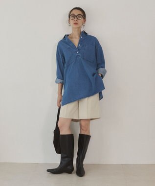 WEGO 【ANGIE VINTAGE】襟が選べる デニム チュニック シャツ （バンドカラー/レギュラーカラー） ブルーその他