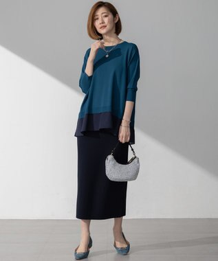 23区 L 【洗える】レーヨンポリエステルストレッチ シャツコンビ ニット ダークブルー系