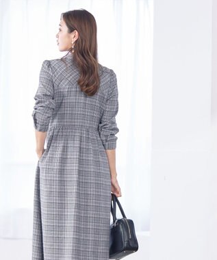 Tiaclasse 【洗える】バンドカラーチェック柄シャツワンピース グレー