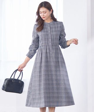 Tiaclasse 【洗える】バンドカラーチェック柄シャツワンピース グレー