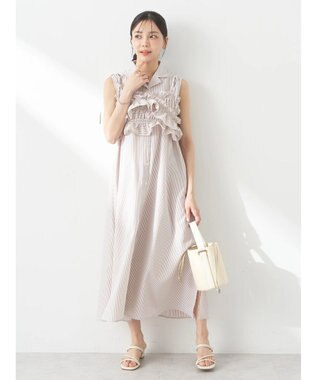 earth music&ecology ＳＥＴ２点シャーリングビスチェ×シャツワンピース Stripe Beige