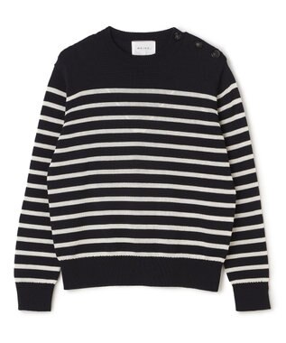 BEIGE， HELIODOR / レーヨンボーダーマリンボタンニット Navy × Ecru
