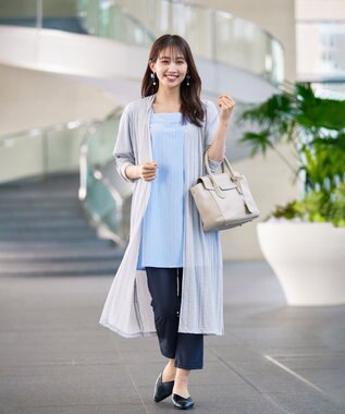 Tiaclasse 【洗える】ストライプフレアスリーブチュニックブラウス サックス