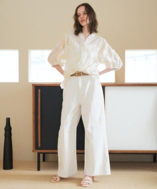 YECCA VECCA フリルVネック刺繍シアーシャツ Ivory