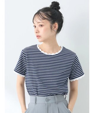 earth music&ecology バイカラースカラッププルオーバー Border Navy