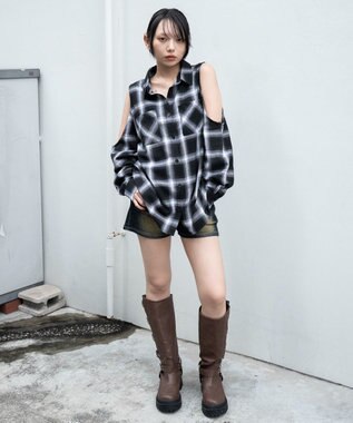 WEGO オープンショルダーチェックBIGシャツ ブラック