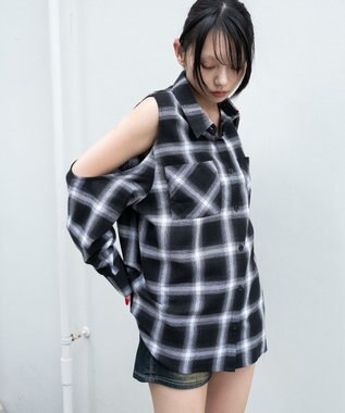 WEGO オープンショルダーチェックBIGシャツ ブラック