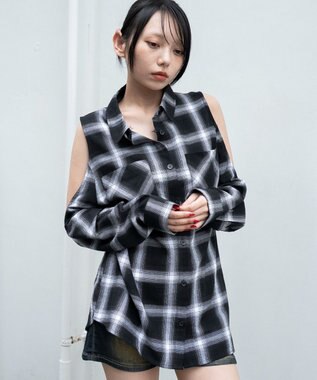 WEGO オープンショルダーチェックBIGシャツ ブラック