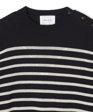 BEIGE， HELIODOR / レーヨンボーダーマリンボタンニット Navy × Ecru