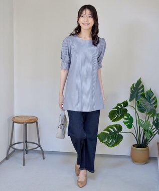 Tiaclasse 【小倉優子さん着用】【洗える】 パフスリーブチュニックブラウス ネイビーストライプ