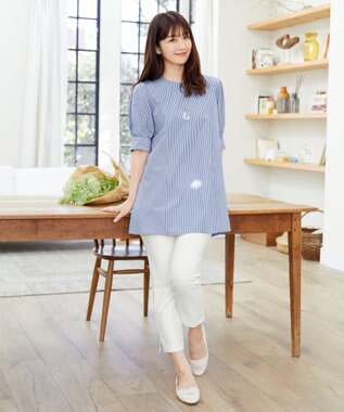 Tiaclasse 【小倉優子さん着用】【洗える】 パフスリーブチュニックブラウス ネイビーストライプ
