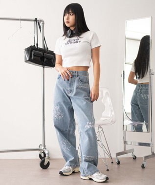 WEGO 刺繍ロゴバレルレッグパンツ デニム中濃色