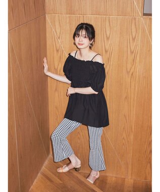 earth music&ecology ２ｗａｙショルダーシャーリングチュニック Black