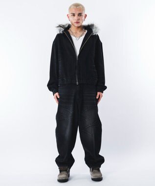 WEGO 【ユニセックス着用ITEM】ファーフードスラッシュデニムブルゾン デニムブラックソノタ