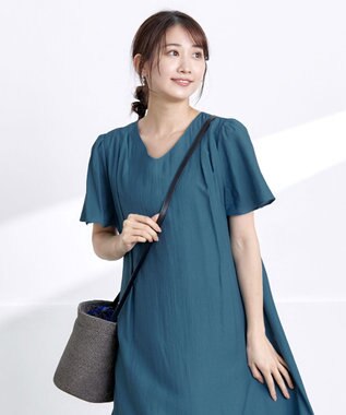 Tiaclasse 【洗える】 配色Aラインサックワンピース ターコイズ