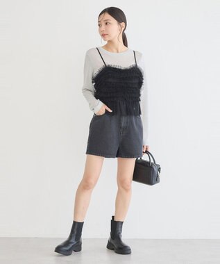 earth music&ecology フリンジロゴデニムショートパンツ Black