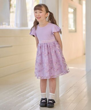 ANY KIDS 刺繍 チュール ワンピース ラベンダー