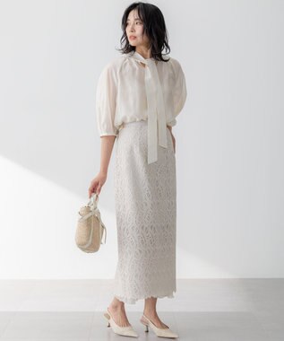 23区 L 【WEB&一部店舗限定/洗える】ライトシアーミクスチャー ボウタイ ブラウス ホワイト系