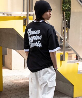 WEGO 【ユニセックス着用ITEM/MLサイズ展開】アクセ付きリンガーグラフィックT（SS） ブラック