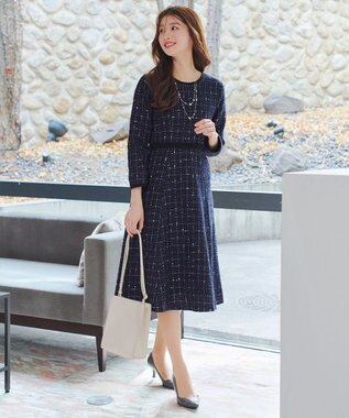 Tiaclasse 【安田美沙子さん着用・新色追加】配色ツイードワンピース ネイビー
