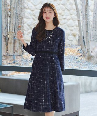 Tiaclasse 【安田美沙子さん着用・新色追加】配色ツイードワンピース ネイビー