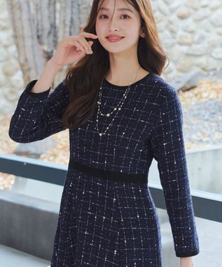 Tiaclasse 【安田美沙子さん着用・新色追加】配色ツイードワンピース ネイビー