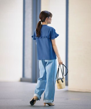 Tiaclasse L 【洗える】ケープ風フリルスリーブブラウス ブルー