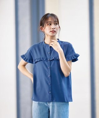 Tiaclasse L 【洗える】ケープ風フリルスリーブブラウス ブルー