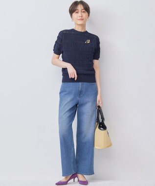 組曲 【WEB限定カラーあり】コットンポリエステル 編み柄カーディガン ネイビー系