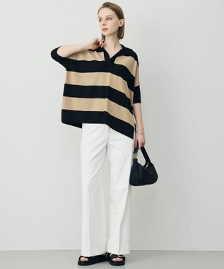 ICB 【先行予約】VIS/NYハイゲージ 半袖ボーダーポロニット ベージュ×ブラックボーダー