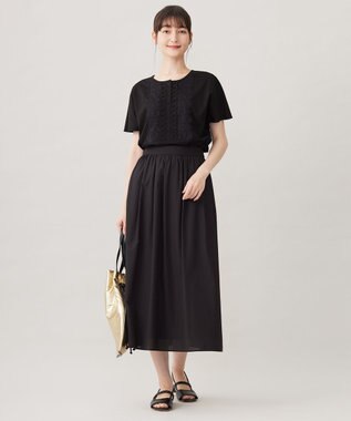 自由区 L 【洗える】コード刺繍胸元レース カットソー ブラック