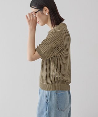 AMERICAN HOLIC 衿付きメッシュ編み半袖ニットプルオーバー Olive
