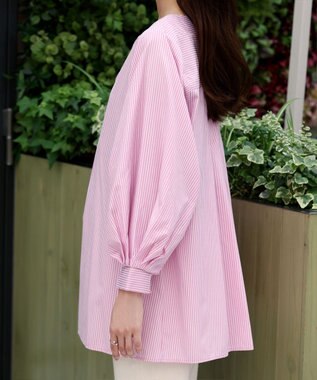 Tiaclasse 【洗える】パフスリーブチュニックブラウス ピンクストライプ