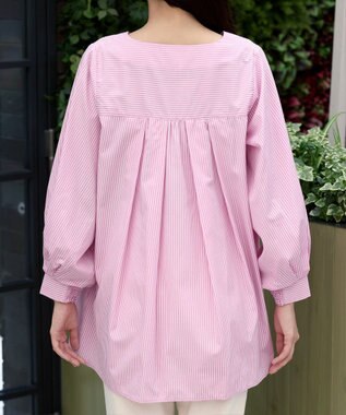 Tiaclasse 【洗える】パフスリーブチュニックブラウス ピンクストライプ