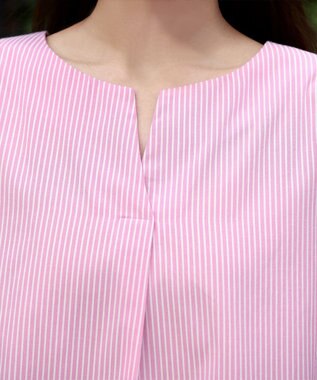 Tiaclasse 【洗える】パフスリーブチュニックブラウス ピンクストライプ