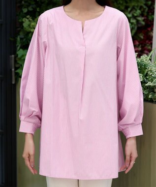 Tiaclasse 【洗える】パフスリーブチュニックブラウス ピンクストライプ